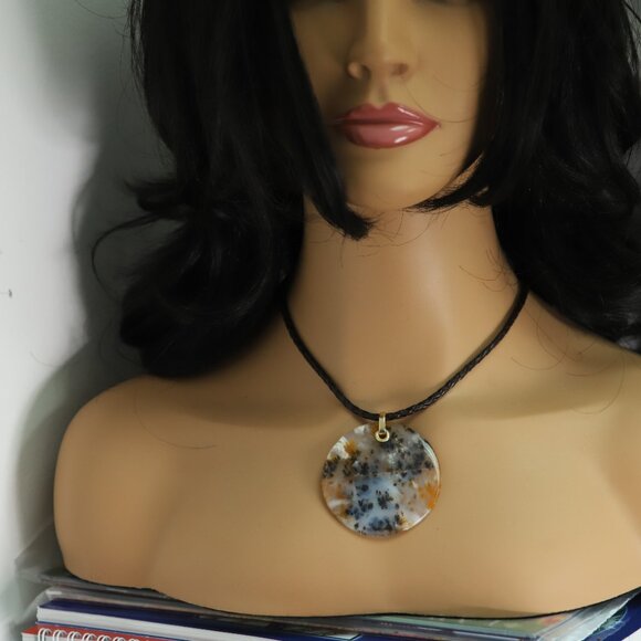 Dendritic Moss Agate stone Necklace Natural Stone Pendant 14K Yellow Gold & Leat - Picture 13 of 13